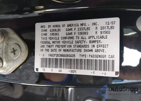 2008 Honda Accord 2.4 Lx z USA, uszkodzony, nr VIN 1HGCP26398A060405